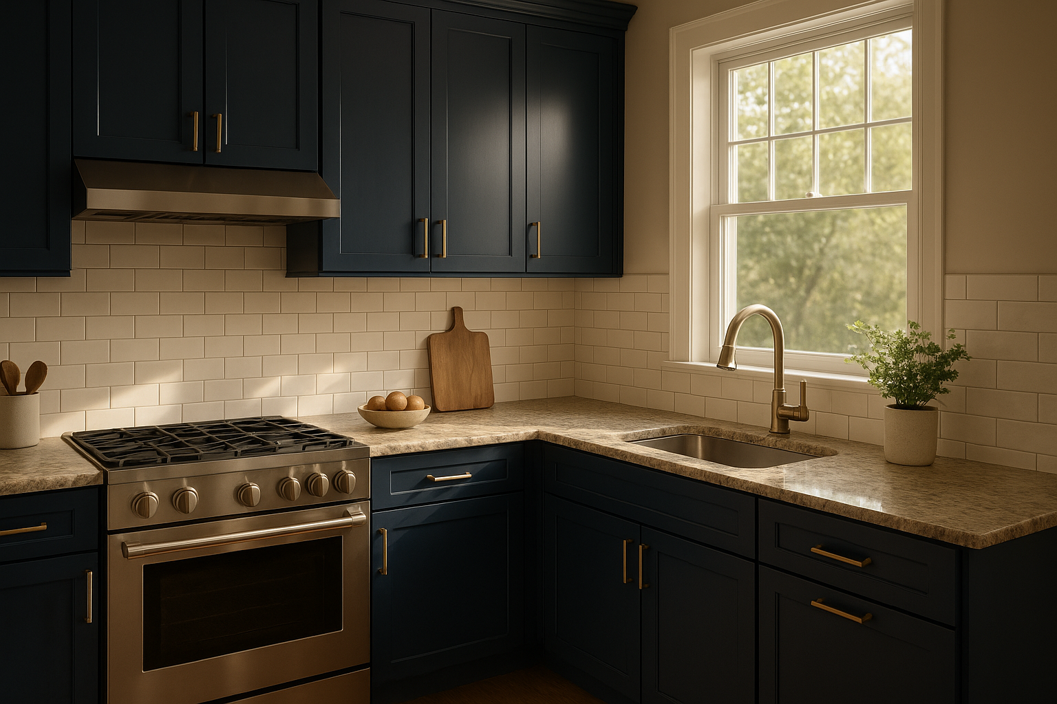 Cincinnati kitchen featuring navy blue refaced cabinets with brass hardware