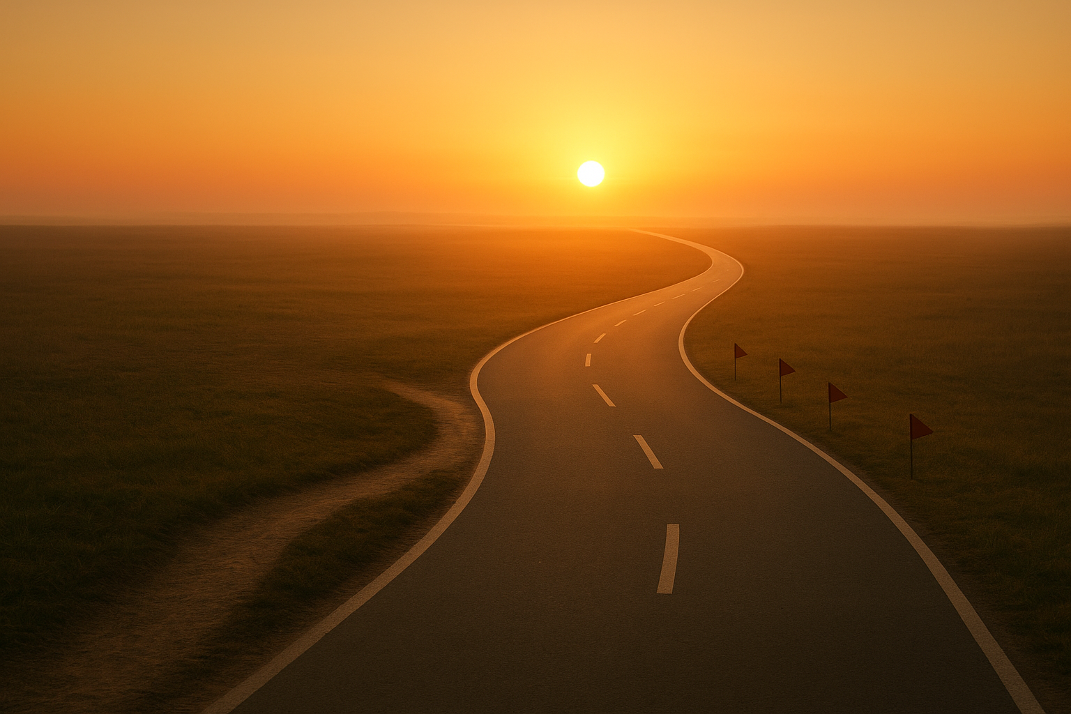 A winding path becoming a clear implementation roadmap toward a sunrise