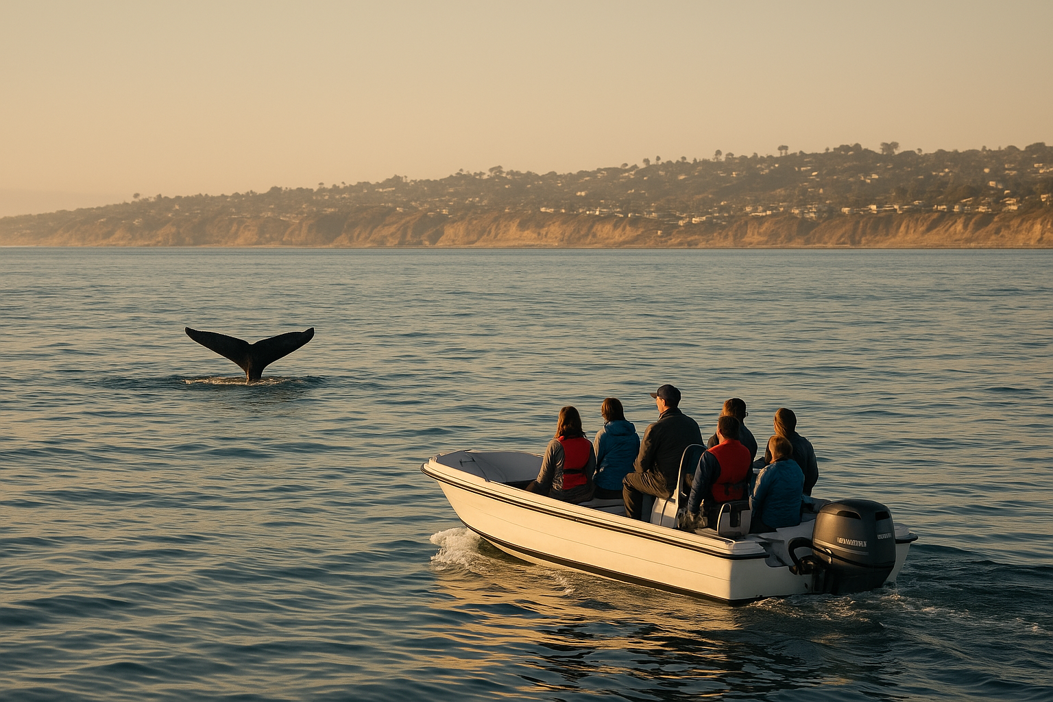 Small boat on custom private boat charters San Diego watching a whale fluke offshore