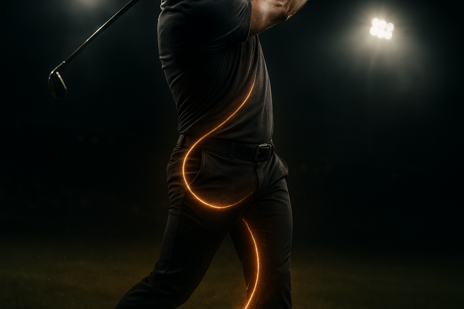 Close-up of hip rotation illustrating ground reaction force used in golf swing biomechanics analysis