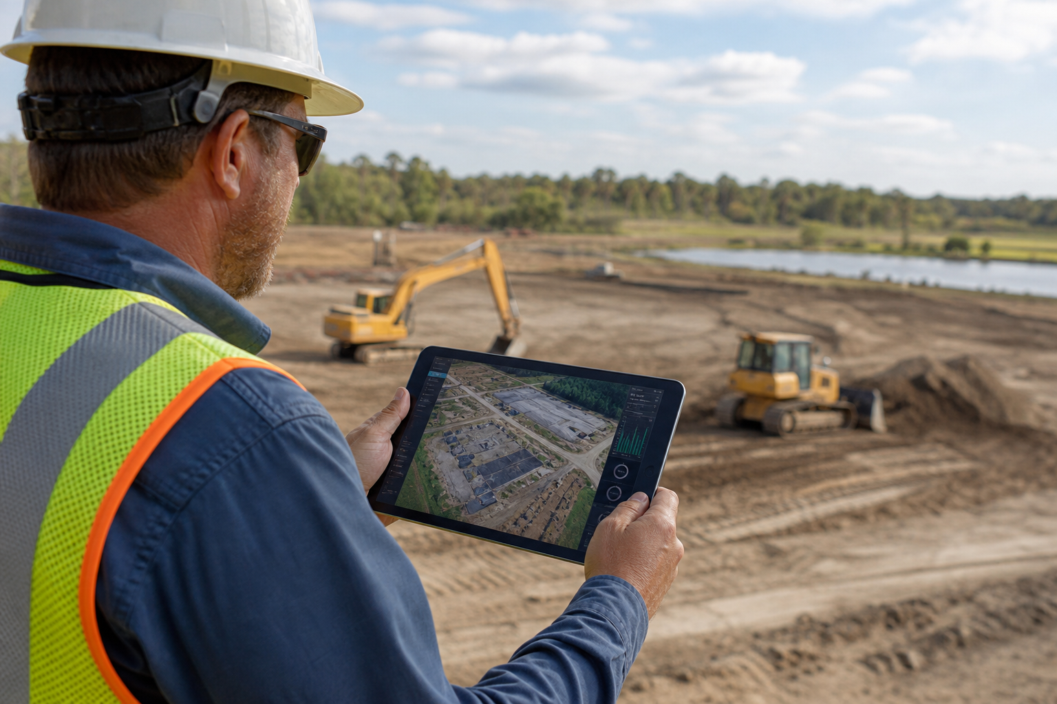 Drone operator reviewing construction site aerial surveying Acadiana footage on a tablet