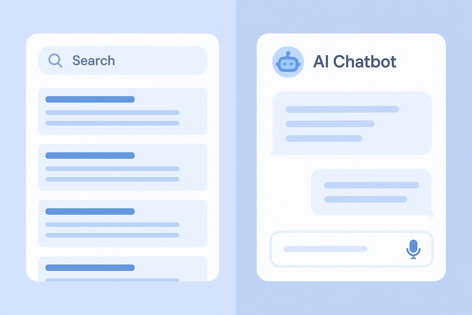 Split screen comparing traditional search results with an AI answer engine interface