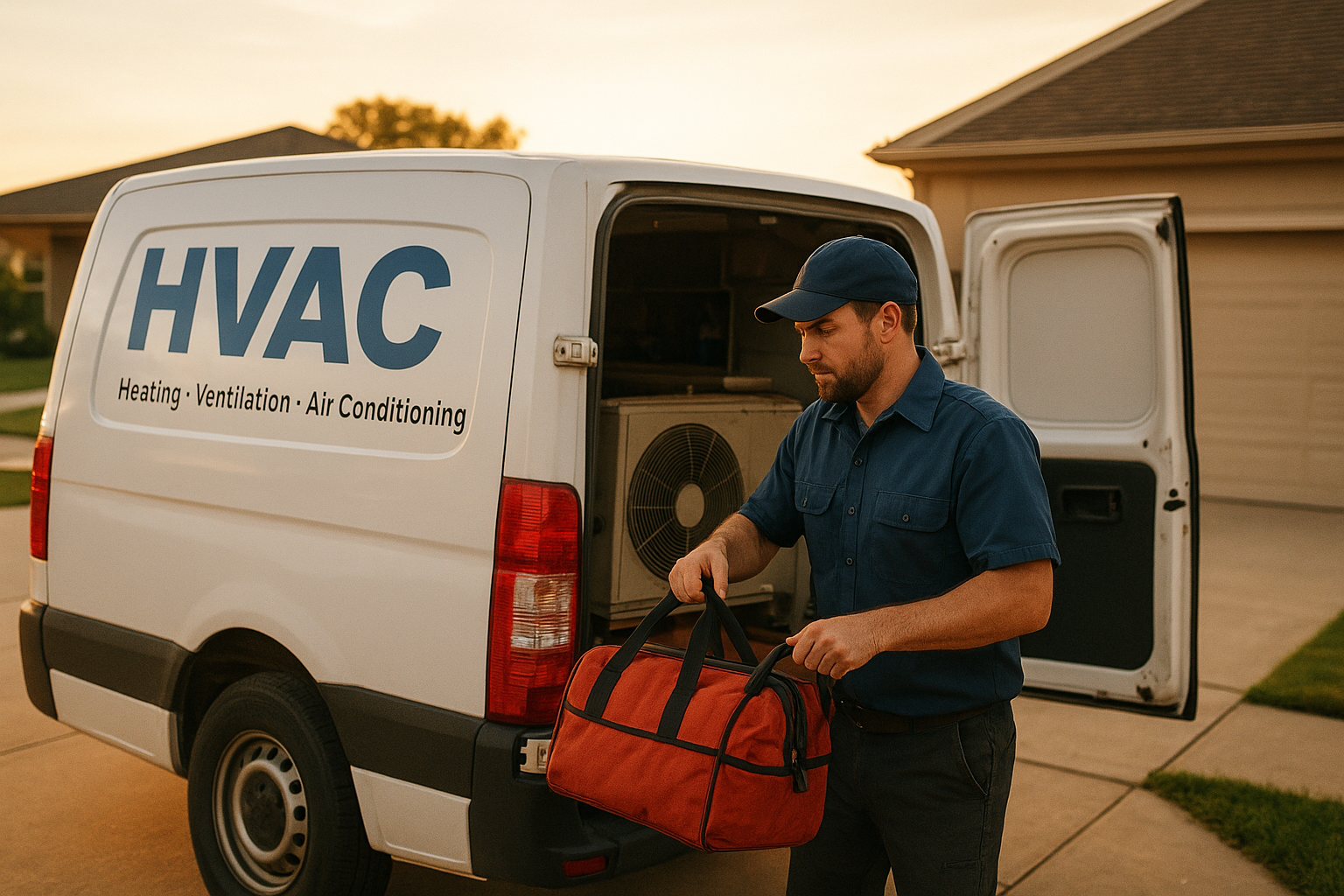 HVAC service van parked outside a home with a technician unloading equipment at golden hour