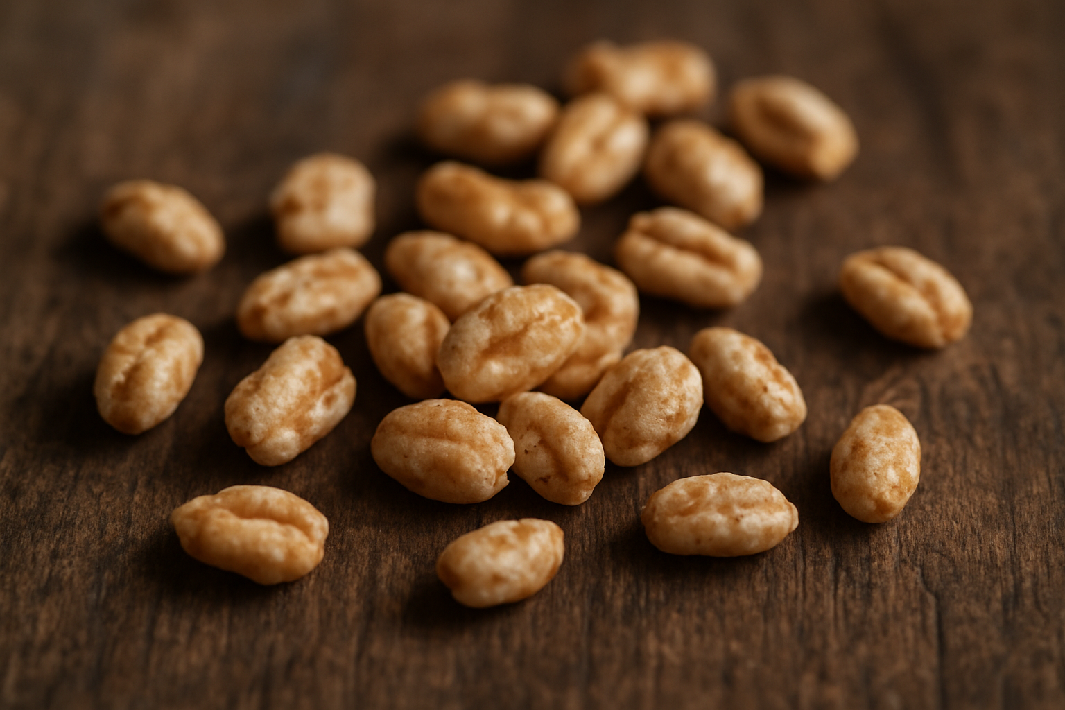 Close-up of organic ancient grain puffed cereal pieces on a wooden surface