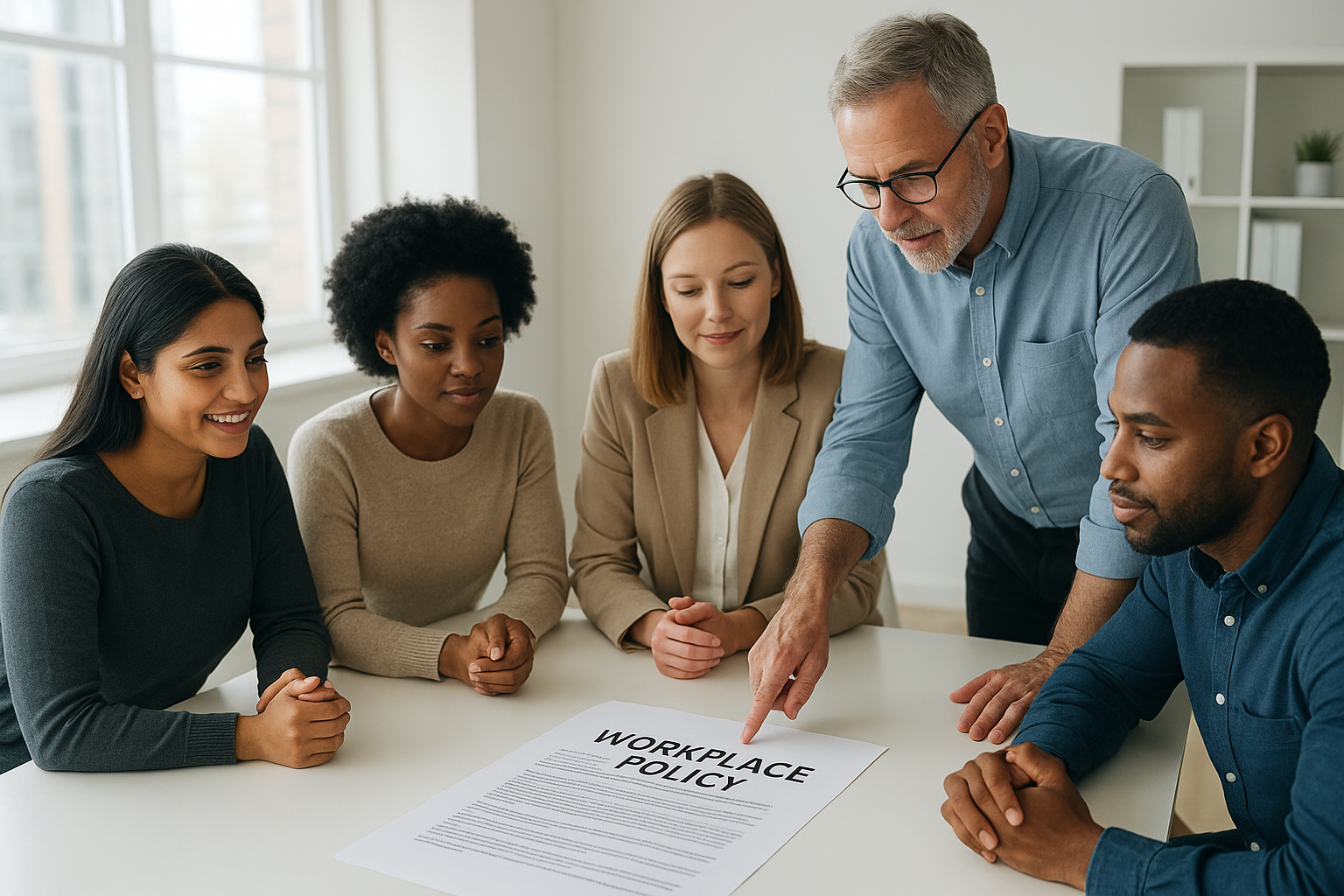 Team and supervisor reviewing a workplace policy document together in a bright office