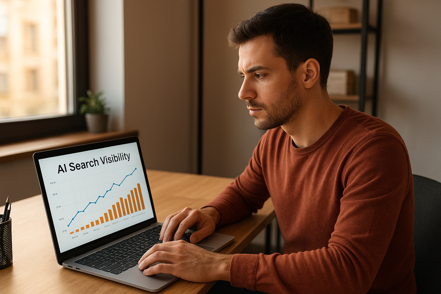 Digital marketer analyzing AI search visibility data on a laptop screen