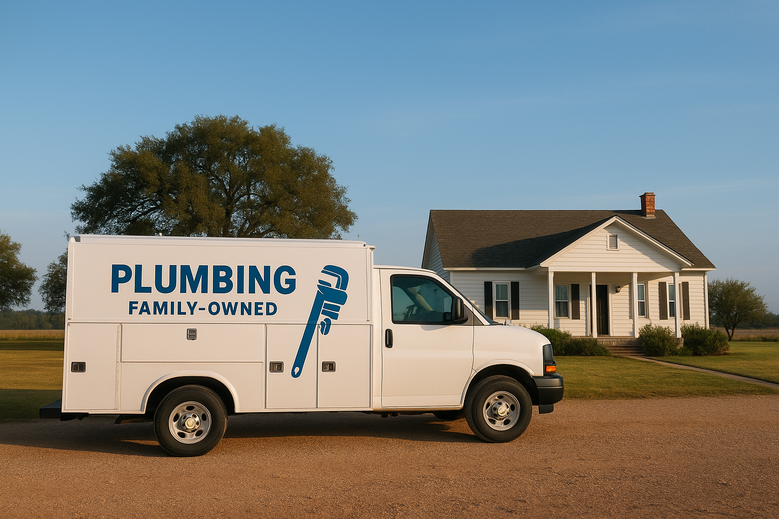 Be440a25_plumbing-service-truck-rural-home Family-owned plumbing service truck arriving at a Kaufman County home for a scheduled estimate
