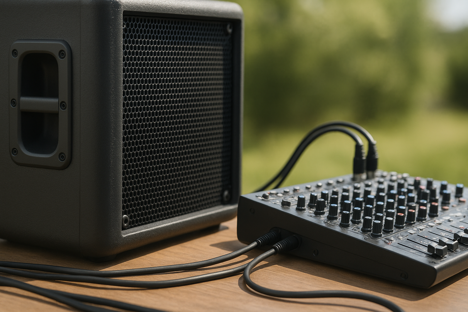 Weatherproof speaker and mixing console used for an outdoor event audio setup