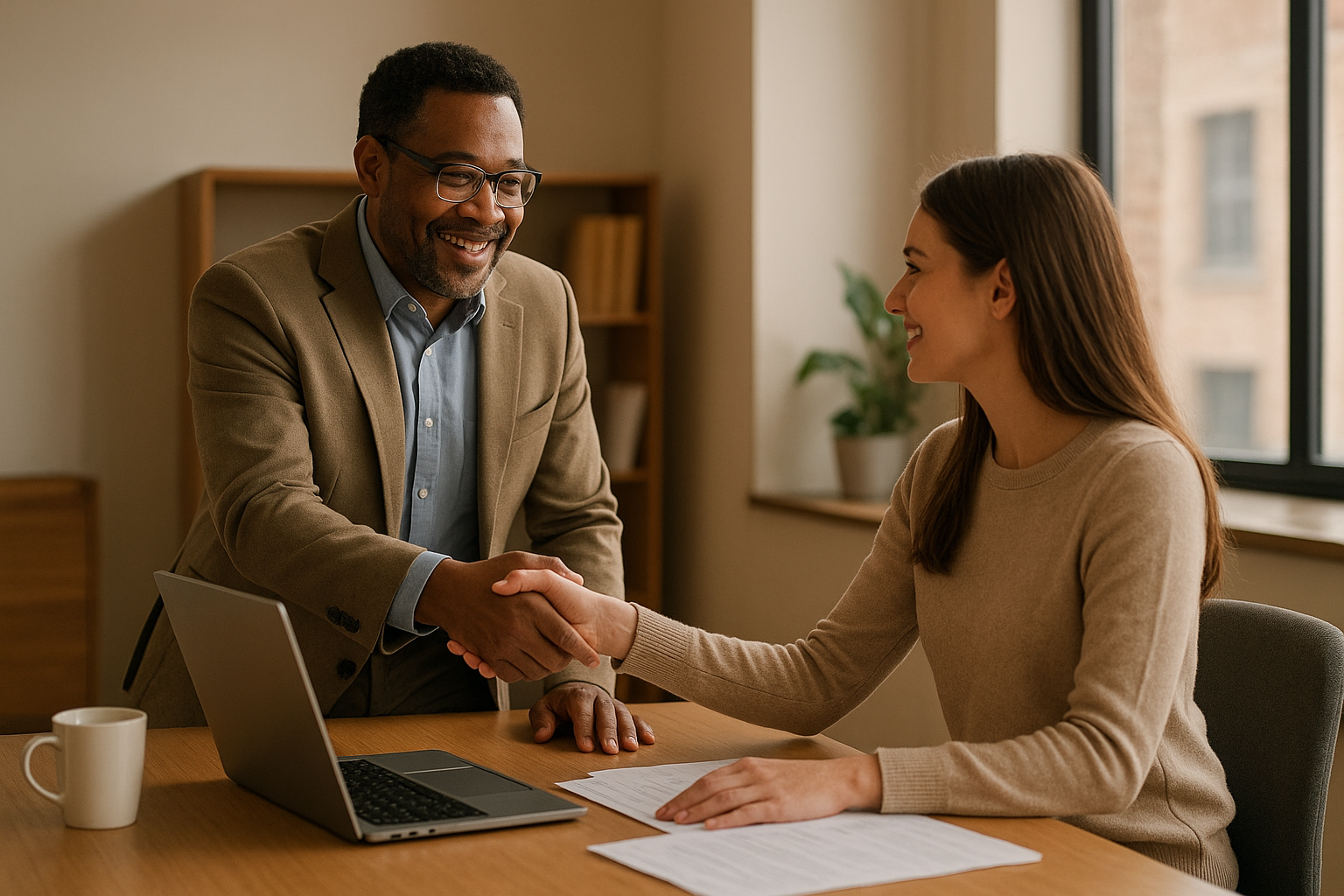Manager explaining the definition of onboarding employees to a new hire at a bright office desk