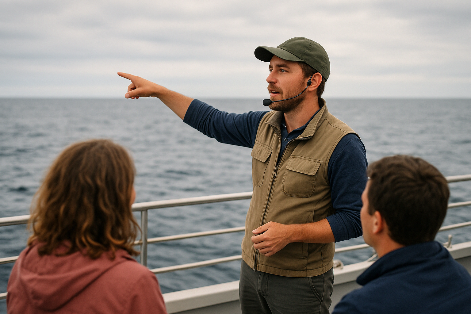 Naturalist guide explaining blue whale behavior to passengers during a San Diego boat tour