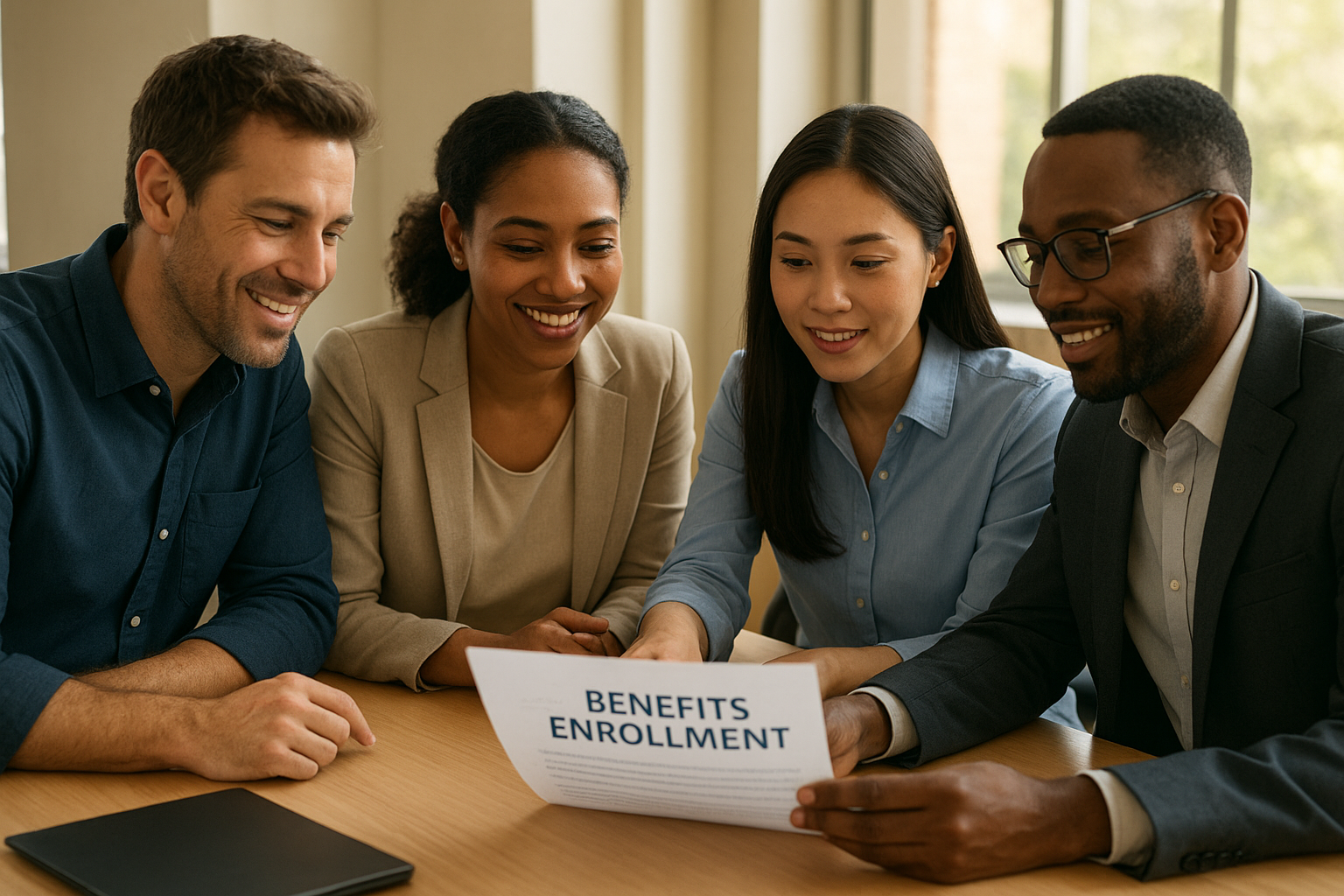 Small business team reviewing benefits administration documents during an HR meeting