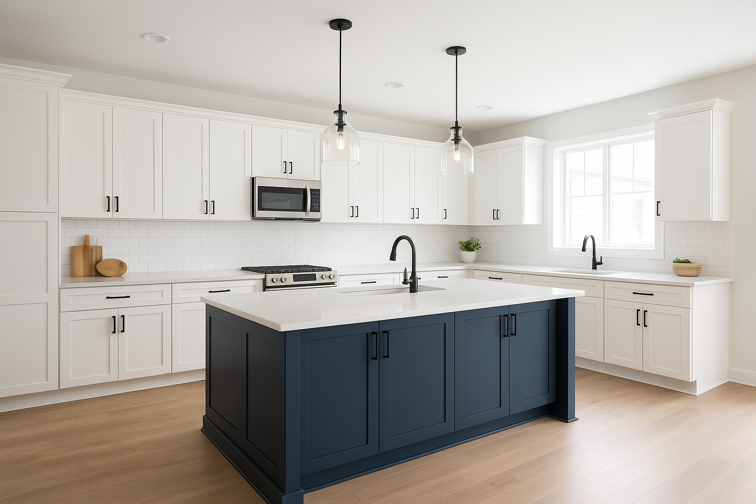 Two-tone kitchen island design featuring navy blue refaced cabinet doors and white perimeter cabinetry