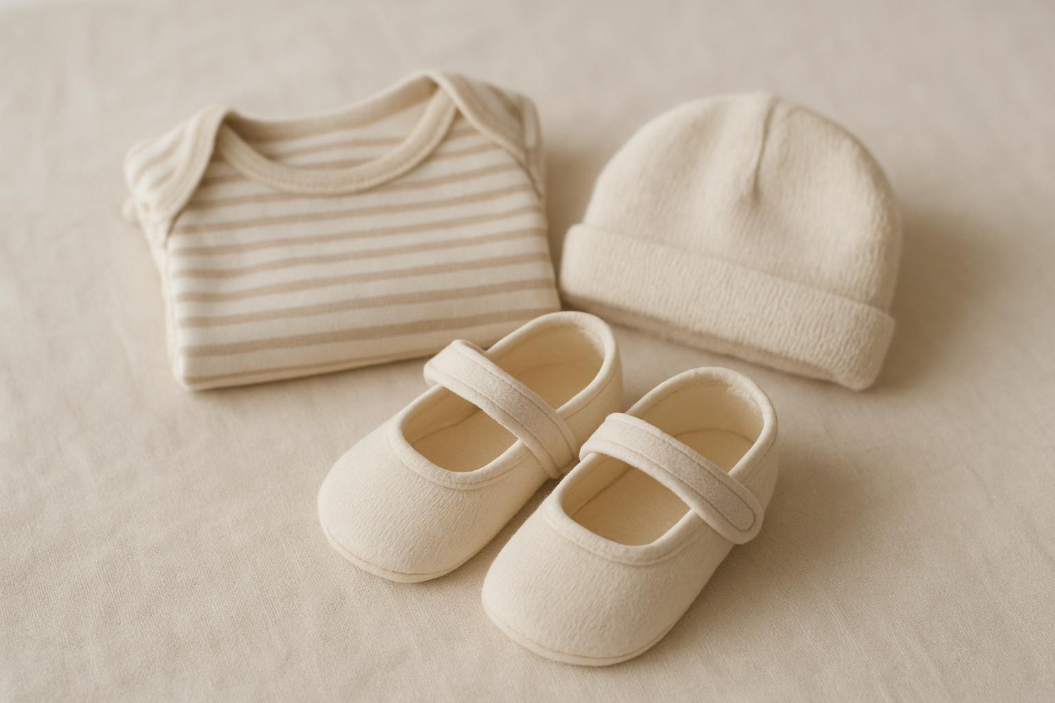 Close-up of infant rental clothing items including tiny shoes, onesie, and knit hat on linen surface