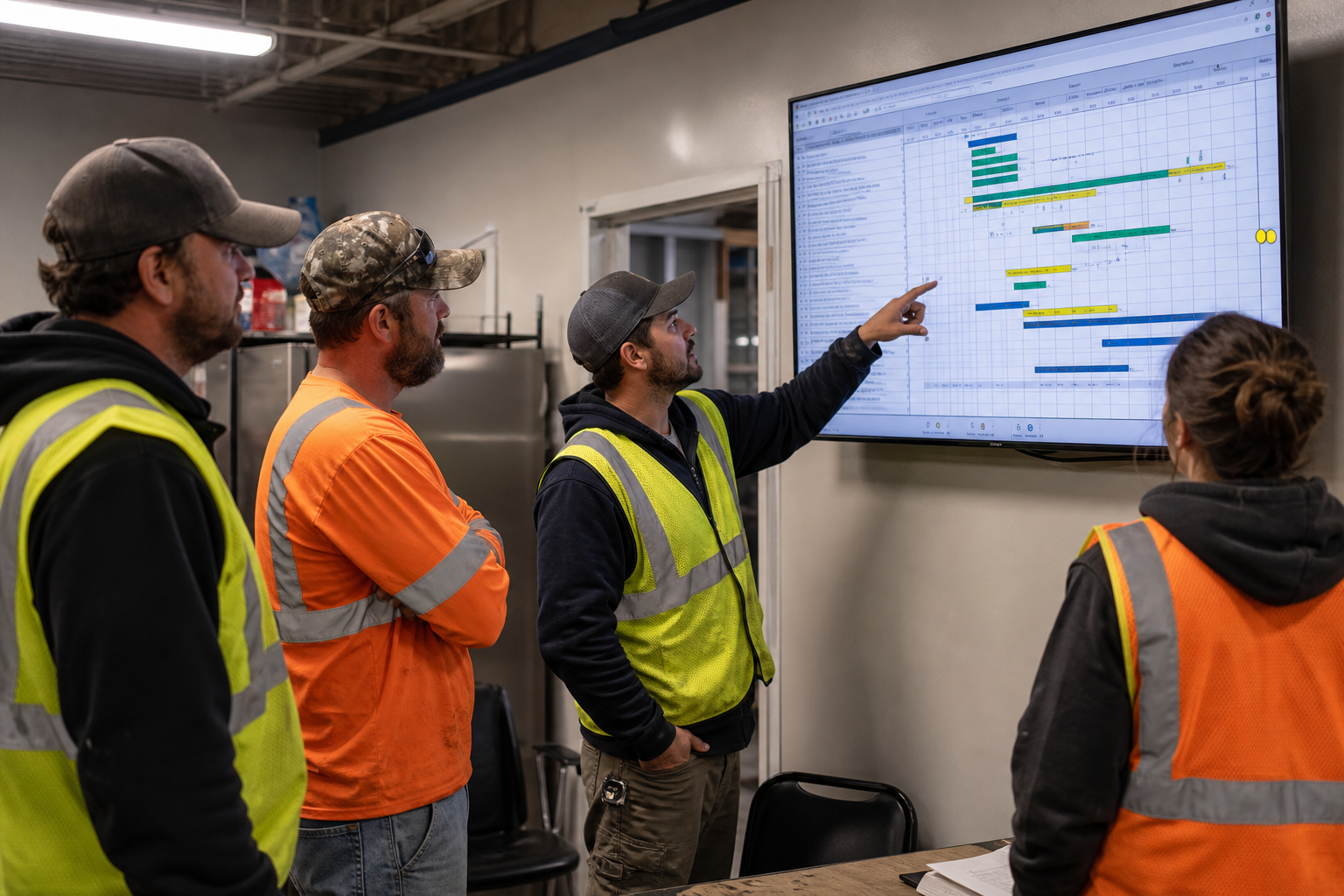 Production crew reviewing job milestones on a wall-mounted job board screen