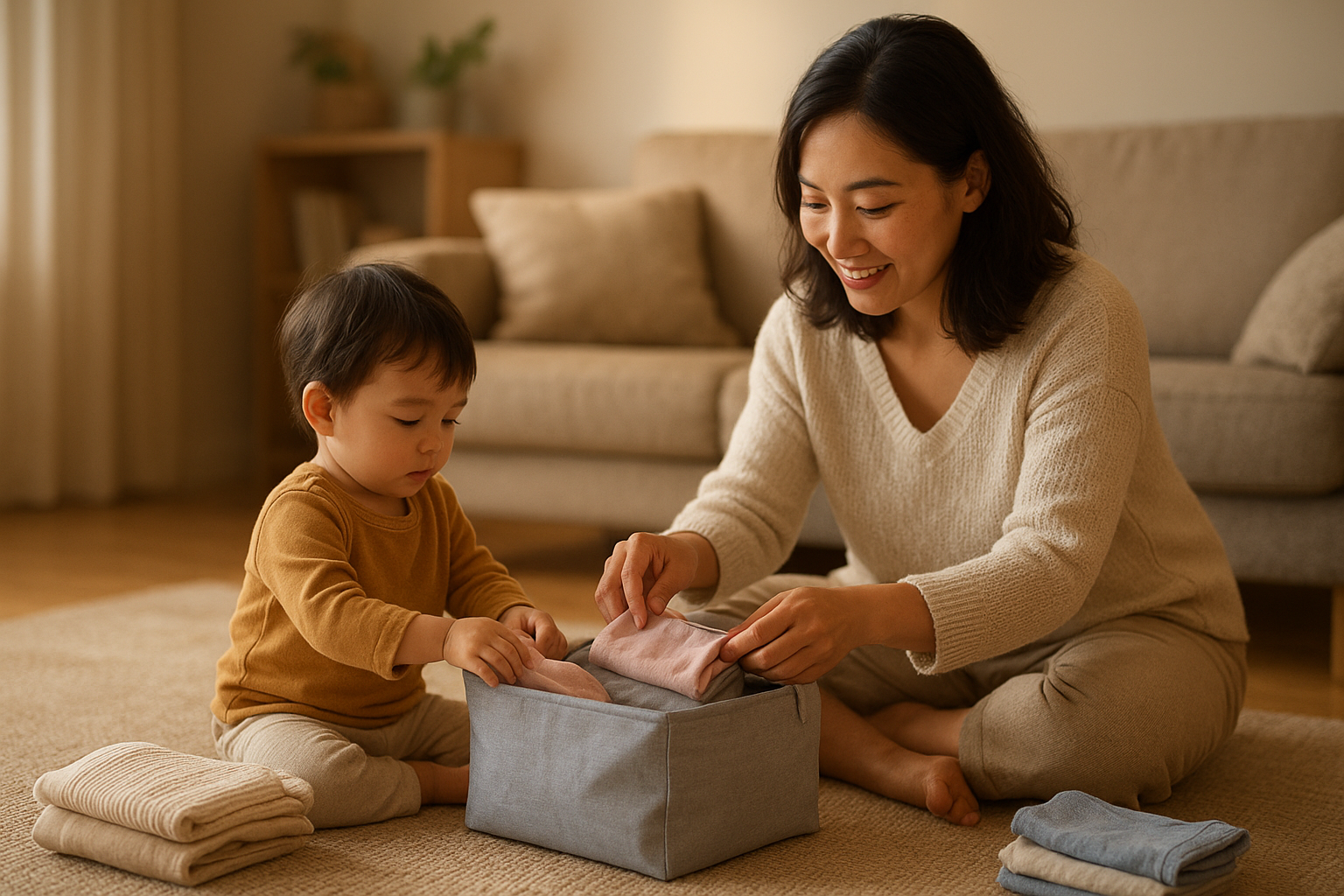 Parent and child packing a return bag for a children's clothing rental subscription