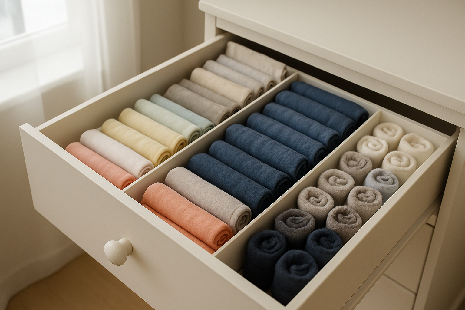 organized children's wardrobe with clothes from a kids clothing subscription neatly folded by color