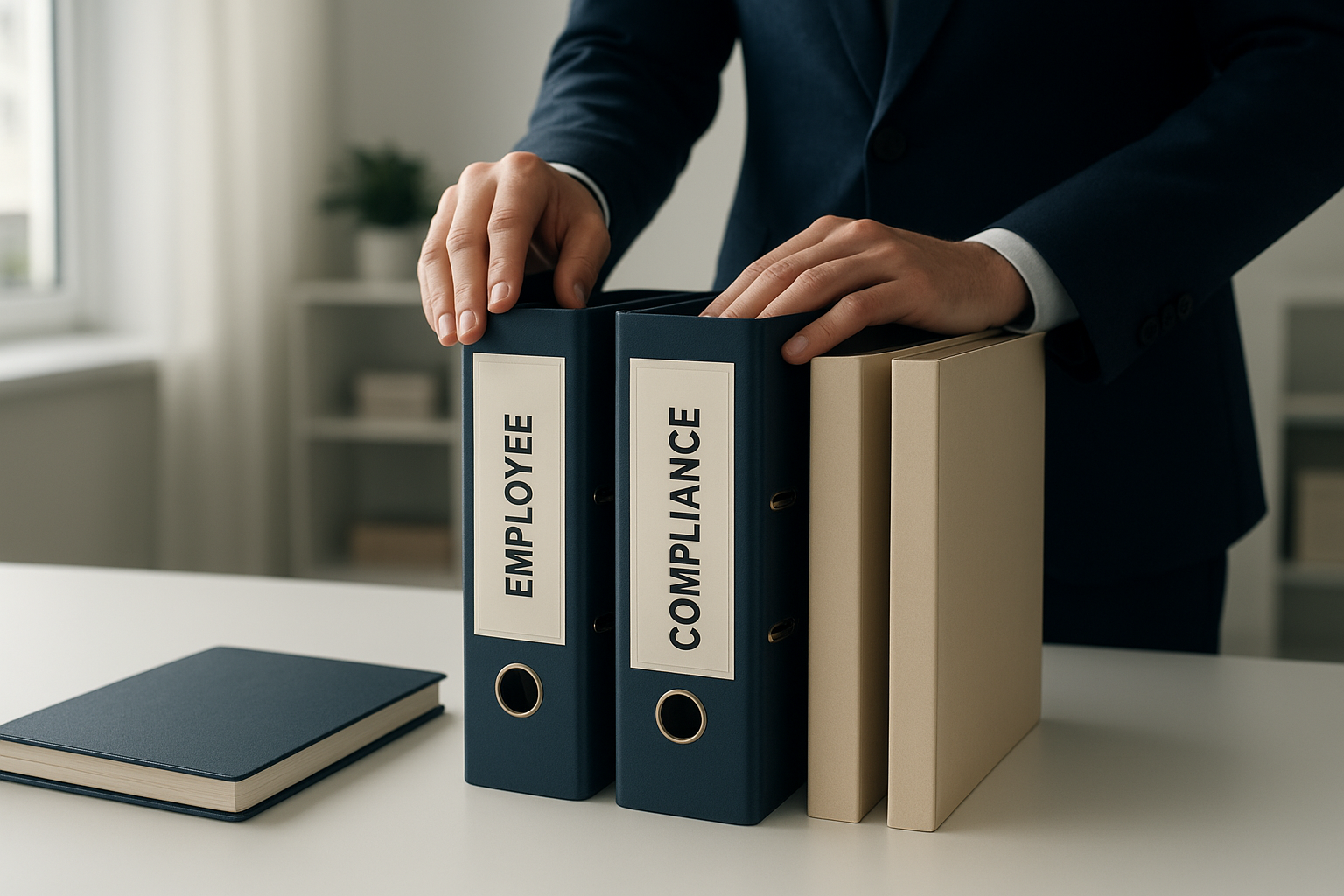 HR consultant organizing employee handbook and compliance documents for a client