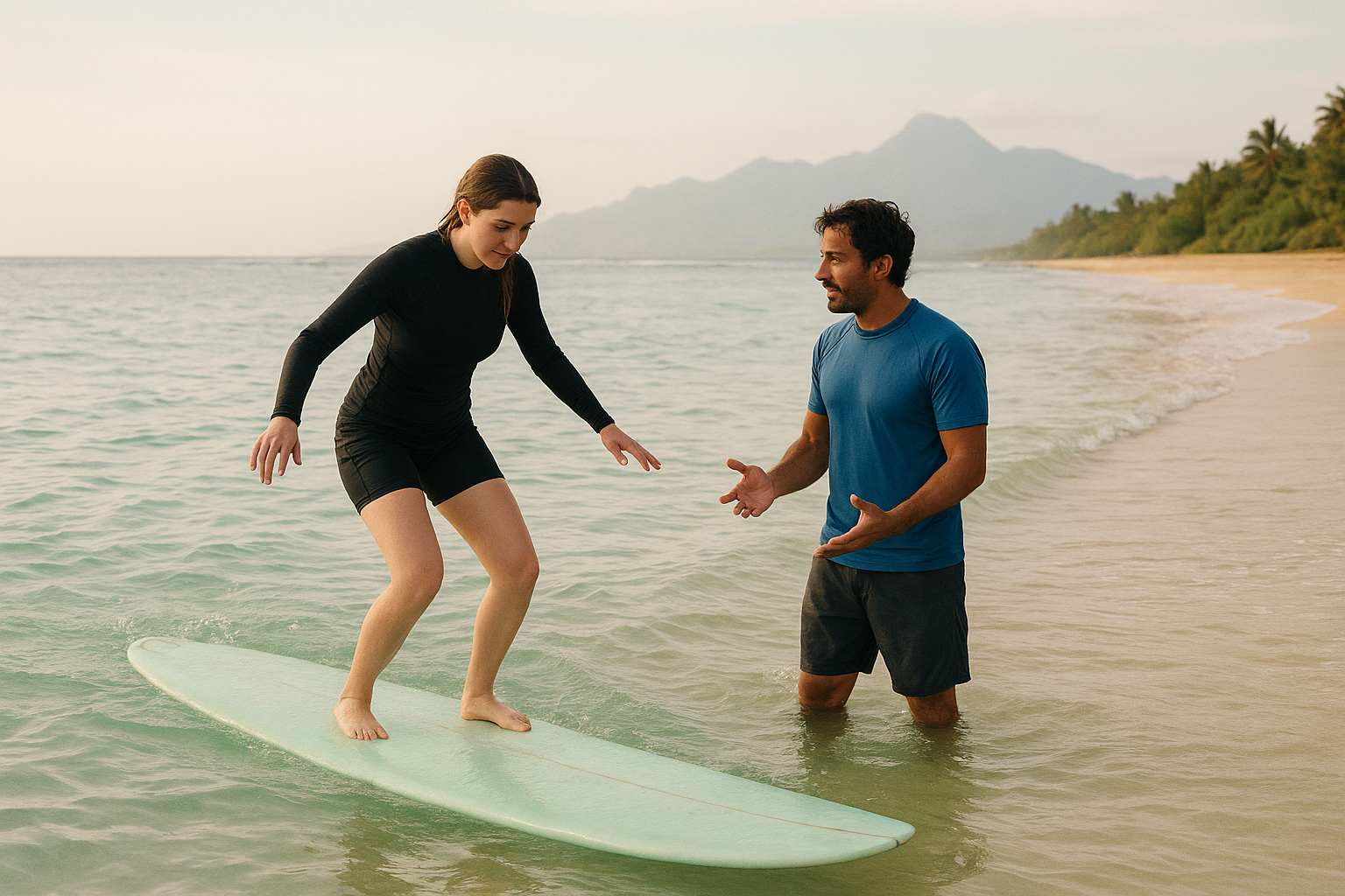 Instructor guiding a beginner during professional surf lessons in Waikiki
