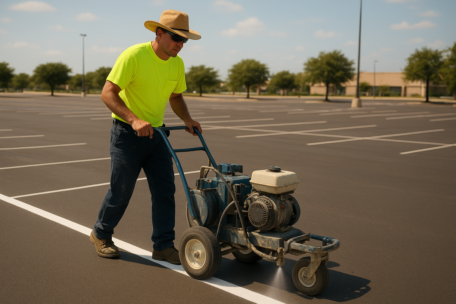 Parking lot striping contractor operating a professional line striping machine on a commercial lot in Dallas TX North Texas