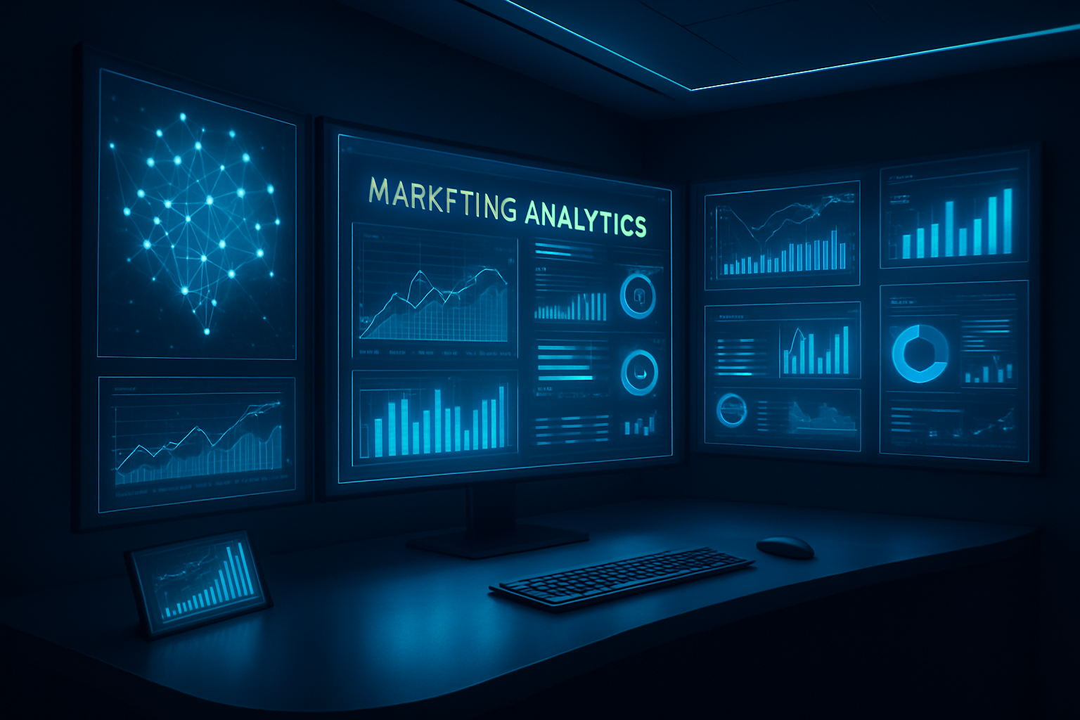 AI solutions for digital marketing displayed on futuristic holographic analytics dashboards