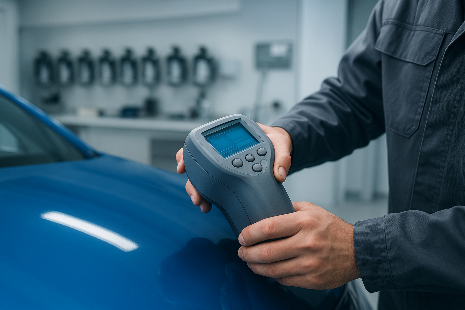 Auto body technician using computerized paint matching technology at an Orange County collision repair shop