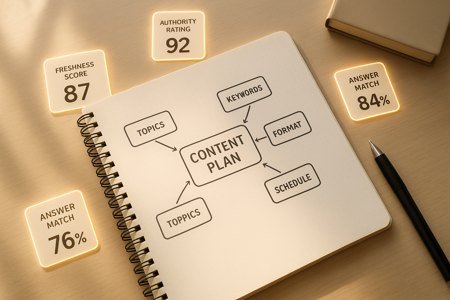 Content planning workflow showing freshness and authority metrics for AI search ranking