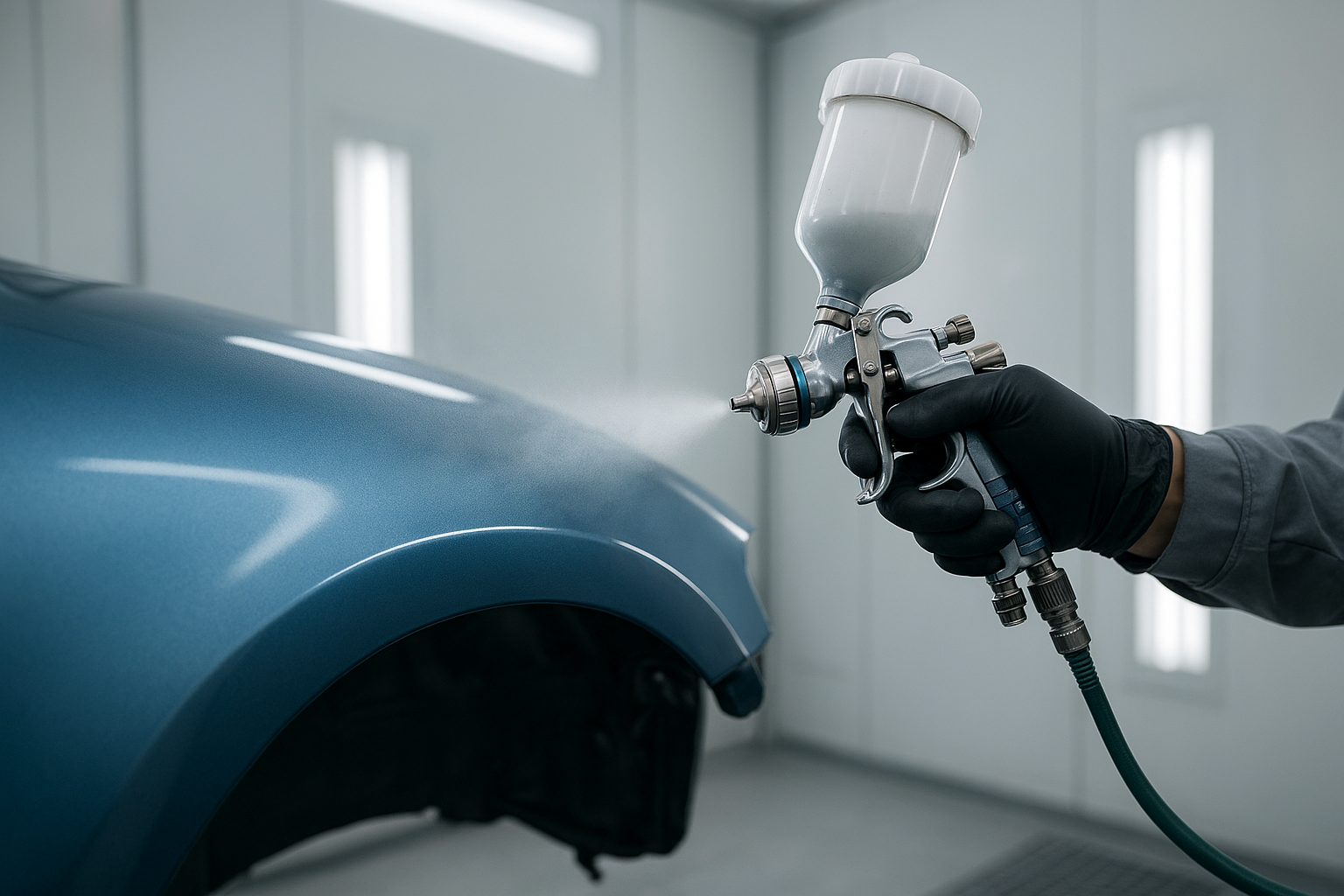 Spray gun applying color-matched paint during collision repair refinishing