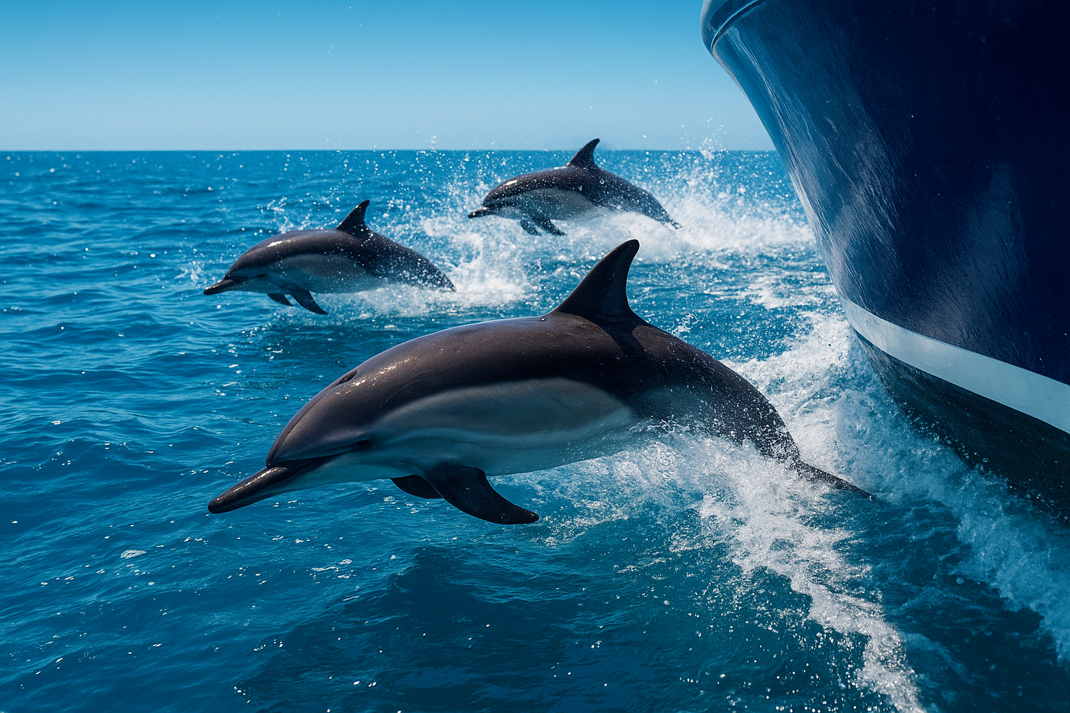 Pod of dolphins leaping beside a boat during a San Diego dolphin watching excursion