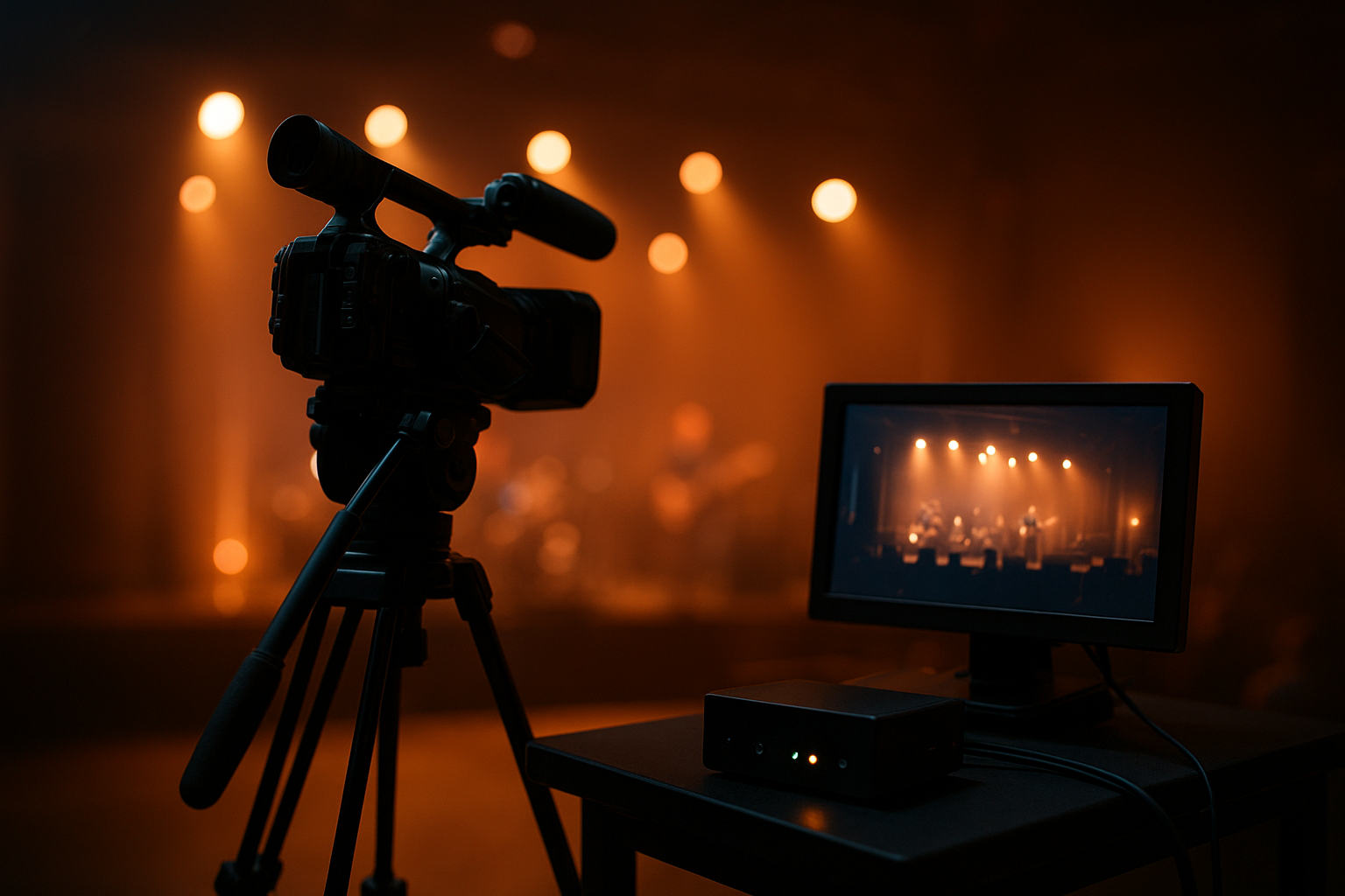 Streaming equipment for events set up near a stage with camera, encoder, and preview monitor