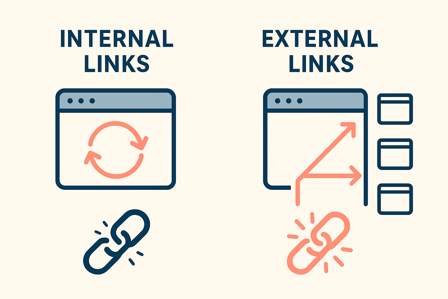 Infographic comparing internal and external broken links on a website with repair indicators