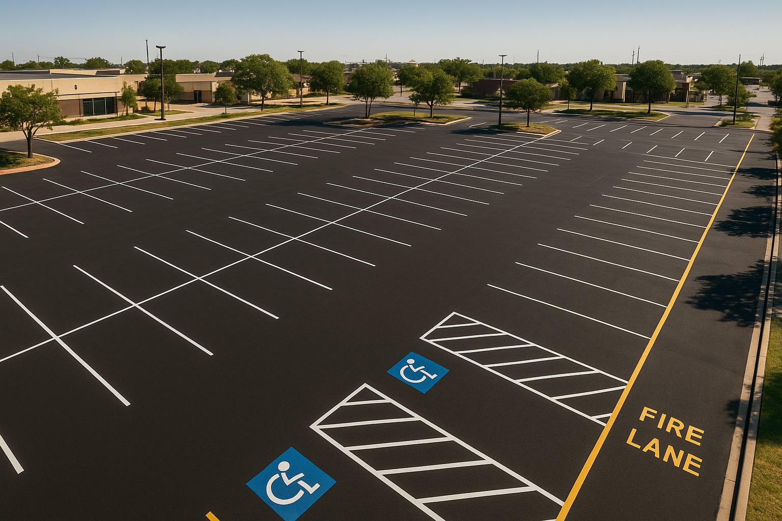 Aerial view of freshly completed parking lot striping in Dallas showing white stall lines, ADA symbols, and fire lane markings on dark asphalt