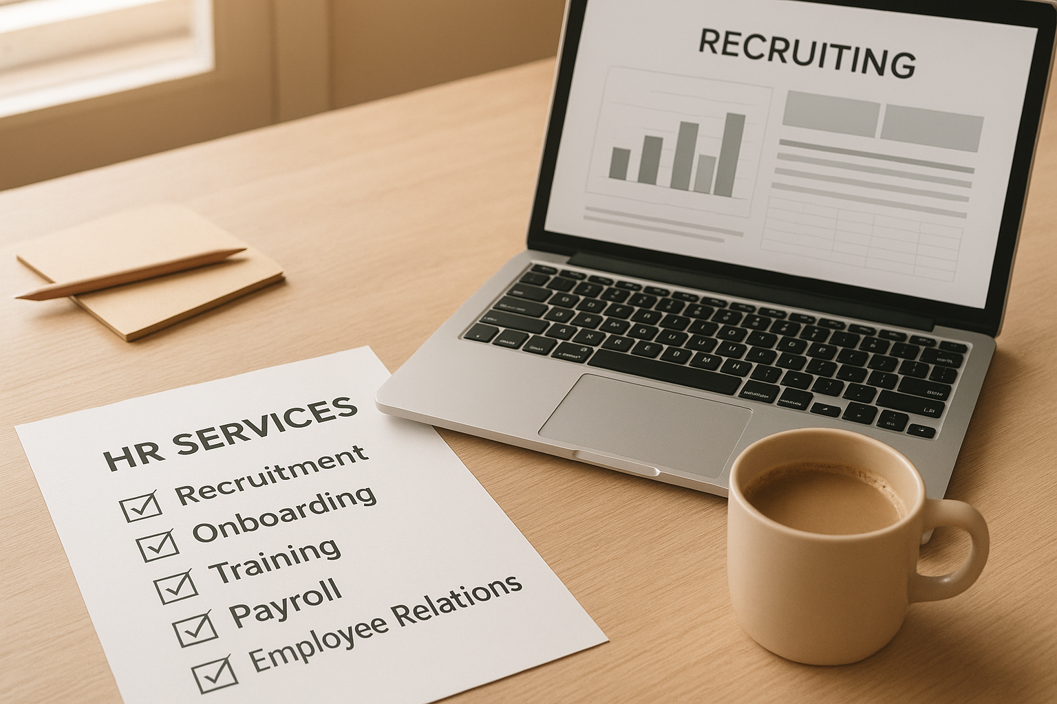 Desk with printed list of HR consulting services checklist and recruiting dashboard on laptop