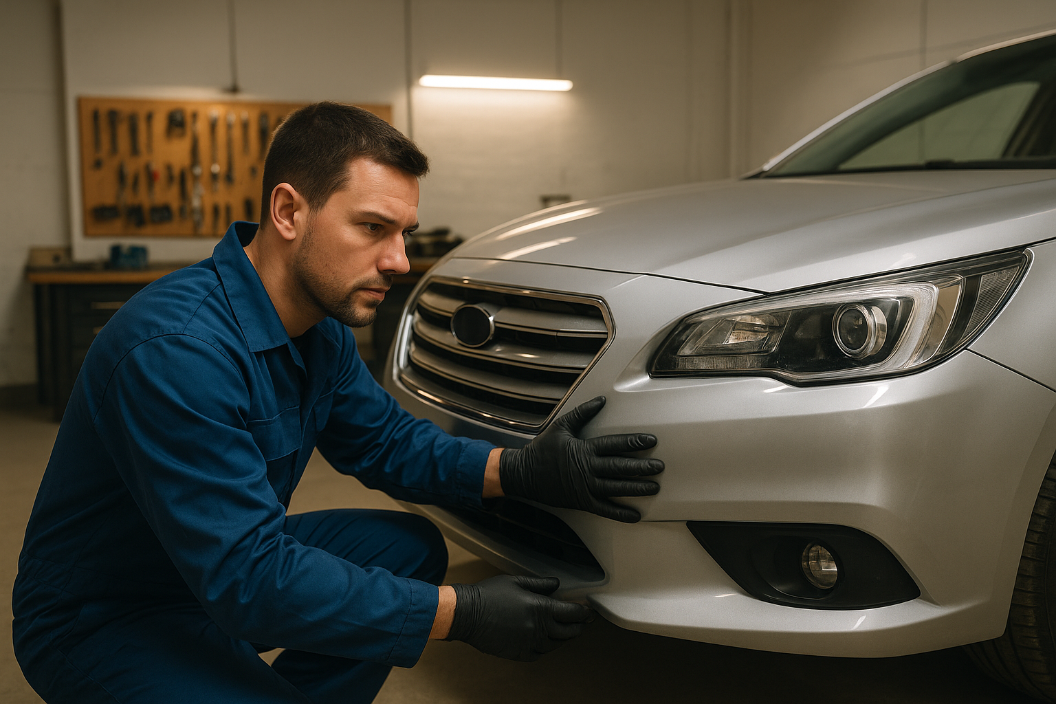 Auto body technician inspecting vehicle damage at a local body shop near me