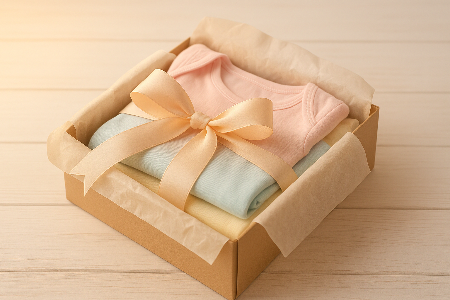 baby shower gift box containing a prepaid baby clothes subscription set with pastel outfits
