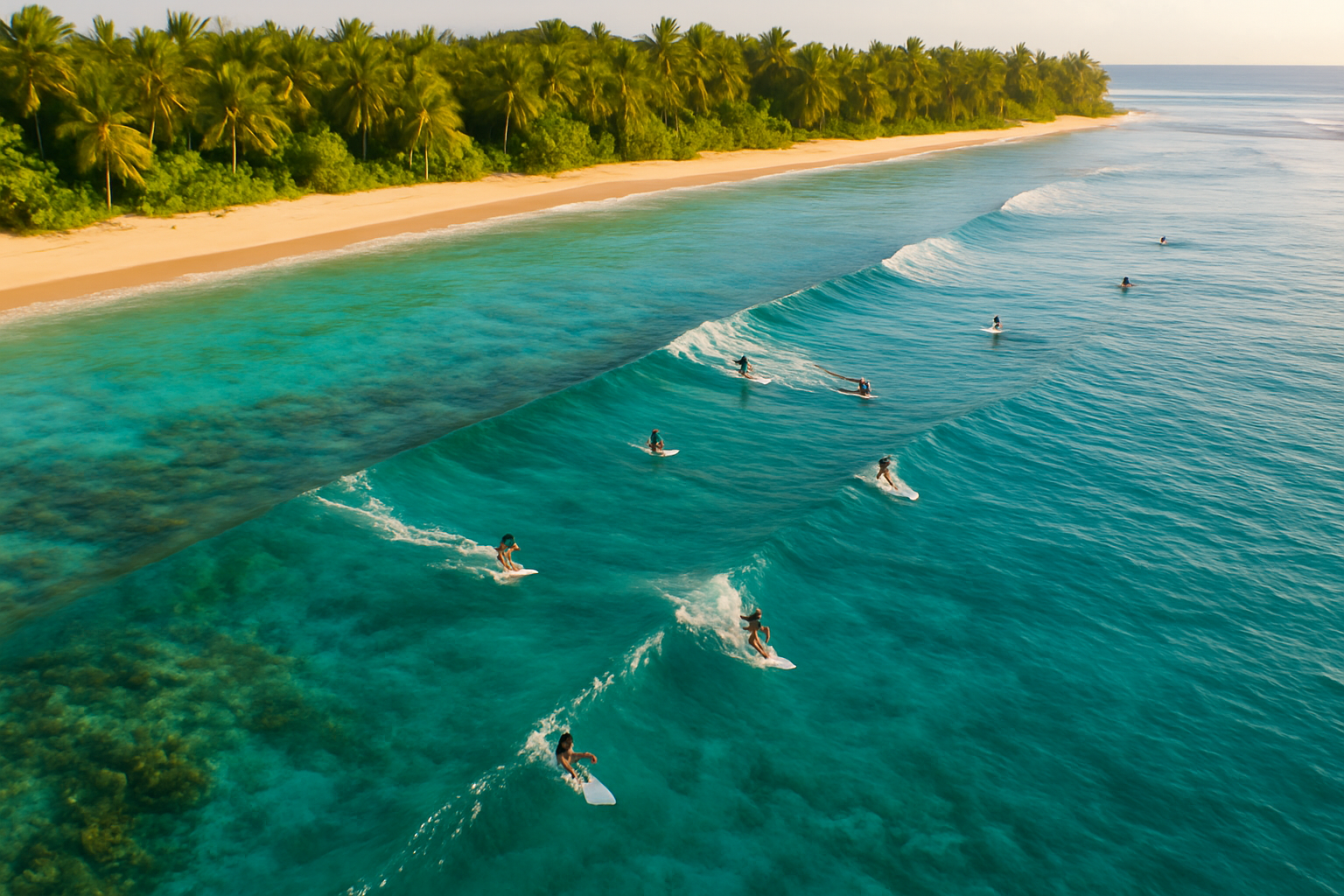 Aerial view of local surf spots in Waikiki with surfers riding turquoise waves over a coral reef