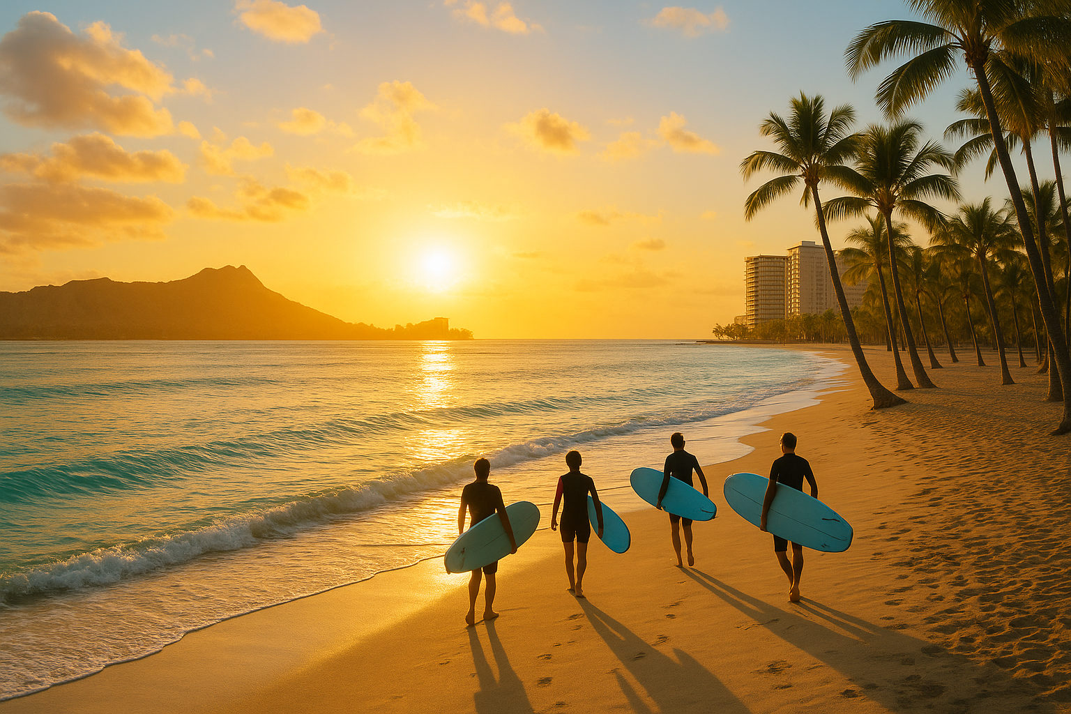 Students walking toward the water at a sustainable Oahu surf lesson during sunrise