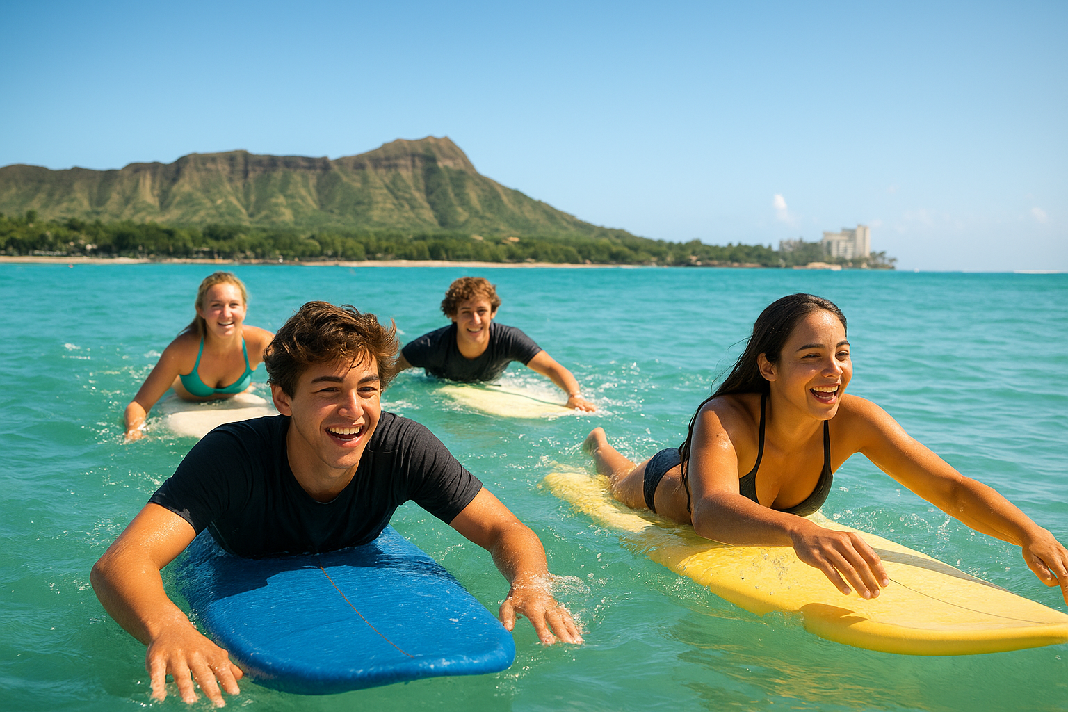Teenagers taking surf lessons in Waikiki with an instructor nearby