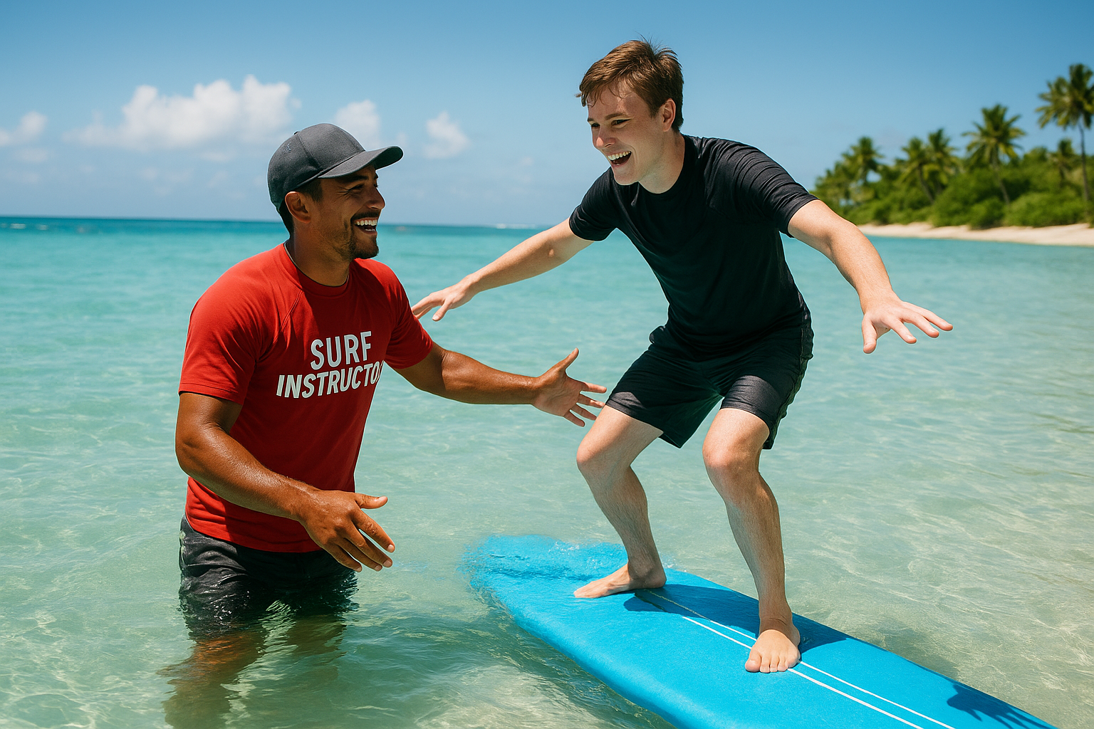 Surf instructor helping a beginner student stand on a foam board during an Oahu surf lesson