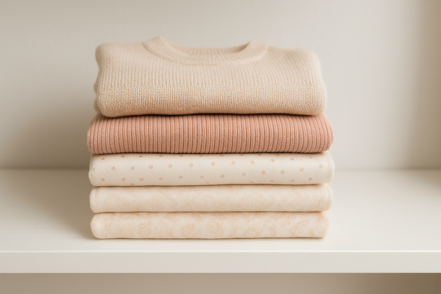 Neatly folded premium kids' clothing items from a children's fashion rental subscription service