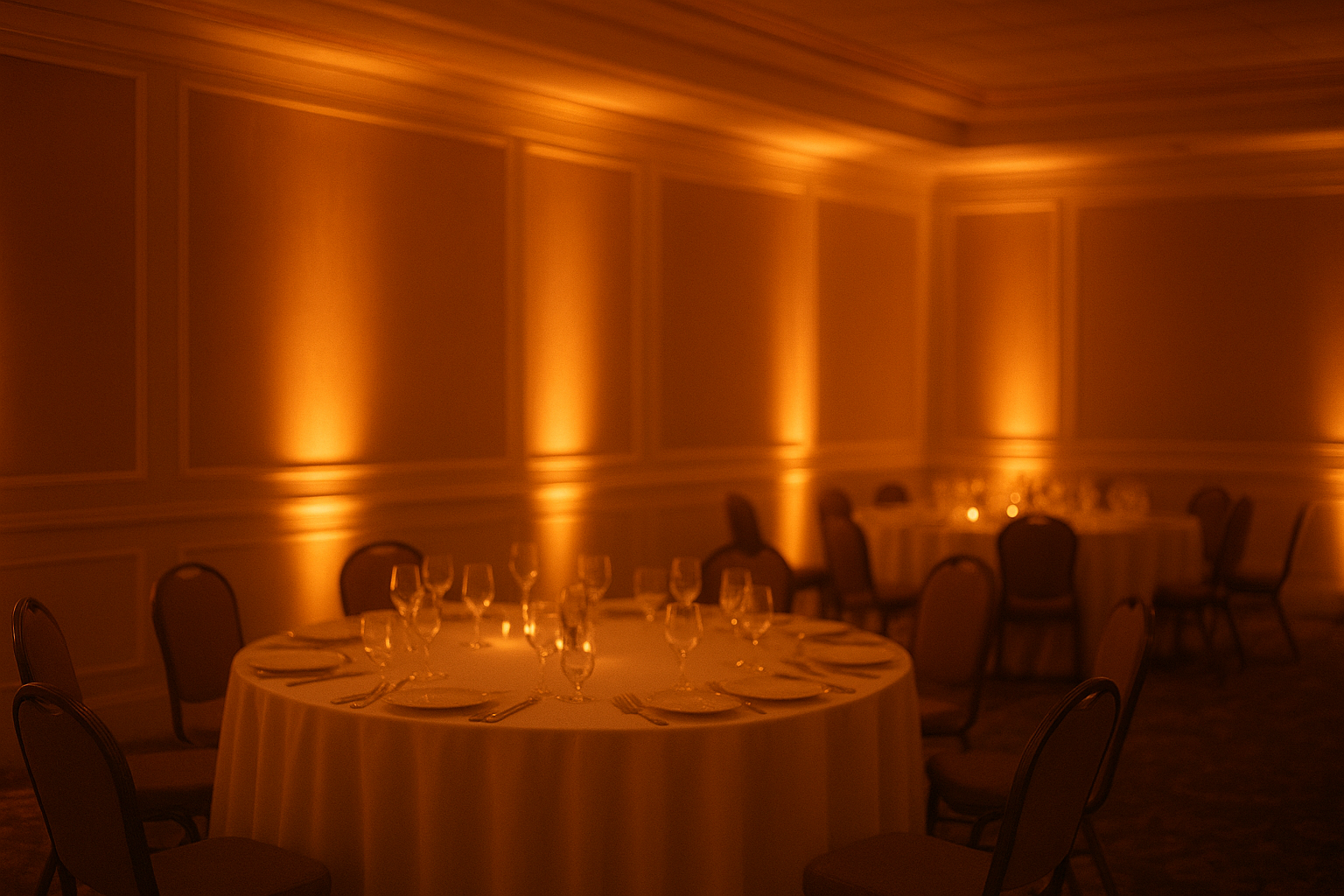 Wireless uplighting glowing in a banquet room during a private celebration