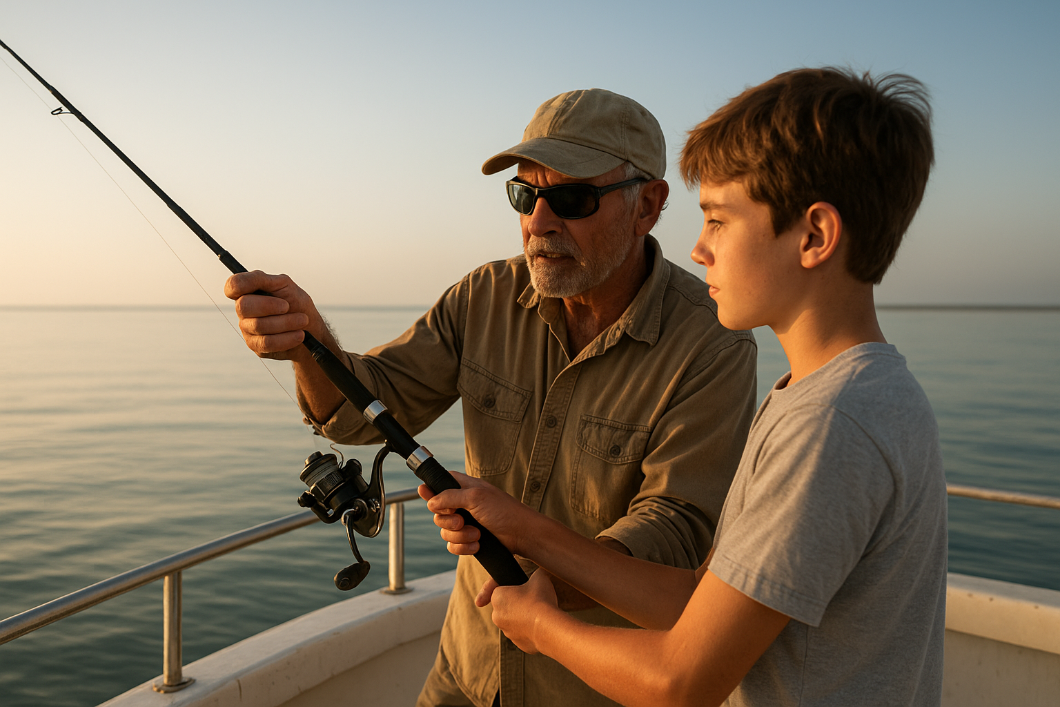 Captain giving hands-on fishing instruction North Myrtle Beach to a young angler aboard a charter boat