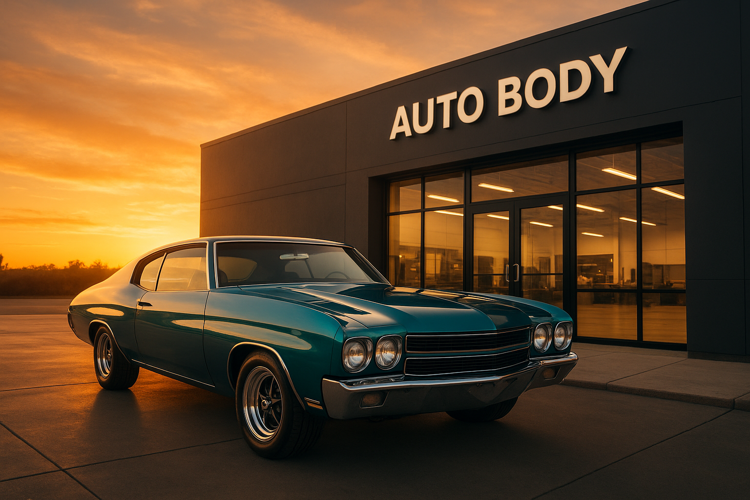 Fully restored vehicle parked outside a Brea auto body shop after collision repair