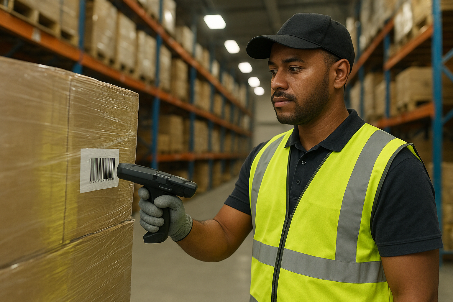 Warehouse worker scanning a barcode to update shipment tracking status