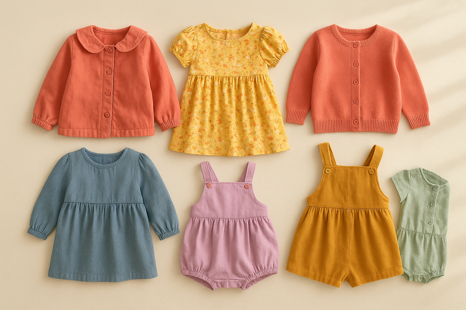 Curated flat lay of fashion-forward kids clothing rentals in bright colors