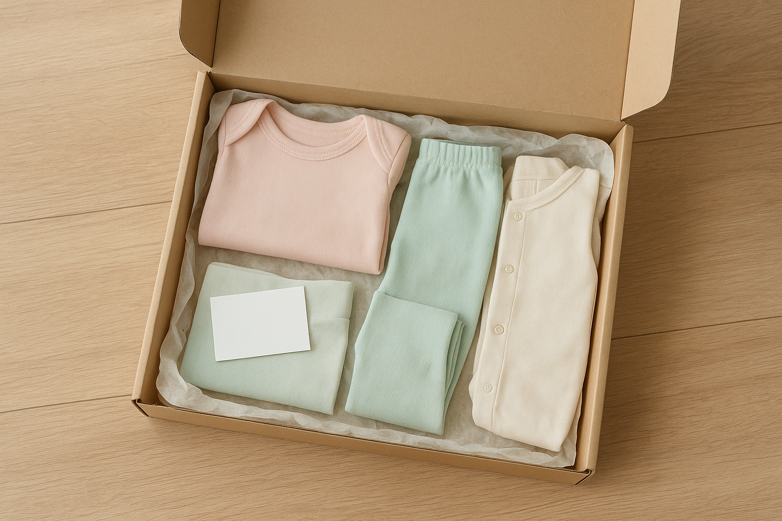Open subscription box containing high-end baby clothing items with pastel tissue paper and a welcome card