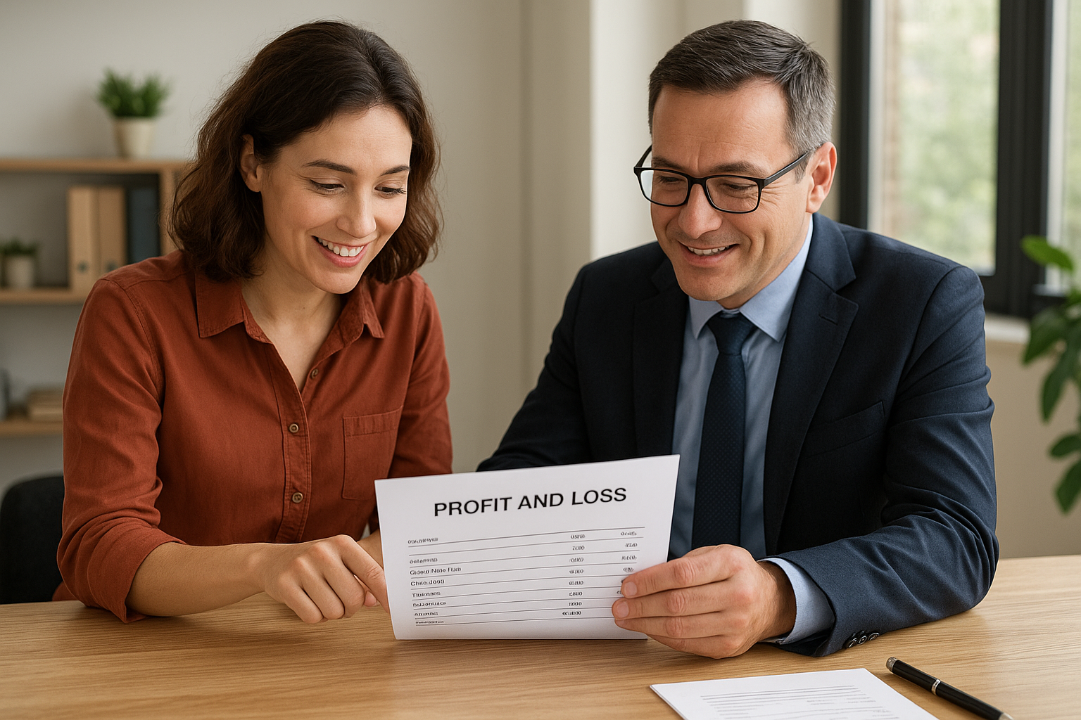 Small business owner reviewing corrected financial statements with an accountant after bookkeeping cleanup