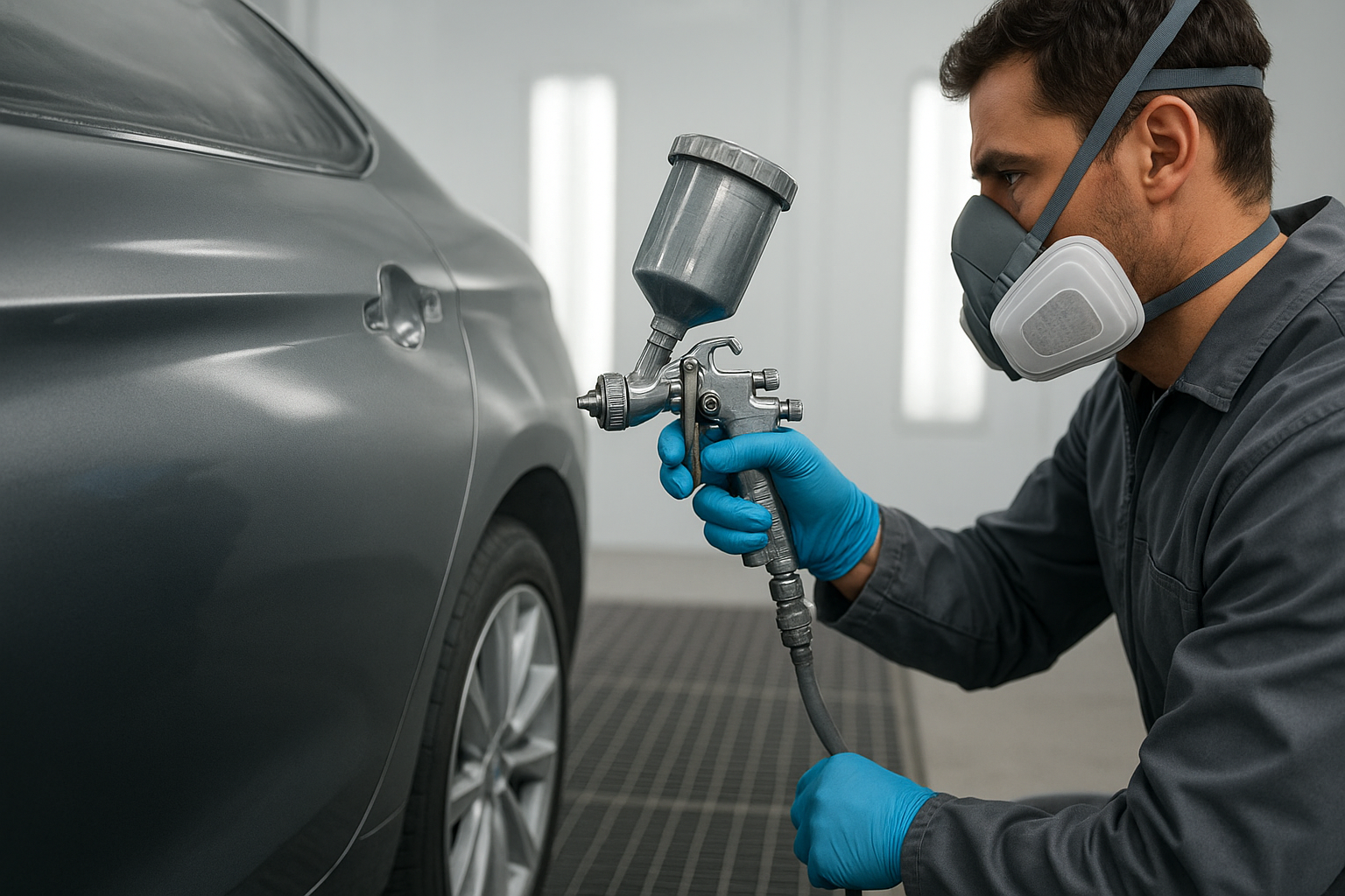 Auto body technician applying paint match finish on a vehicle panel in a California repair shop paint booth
