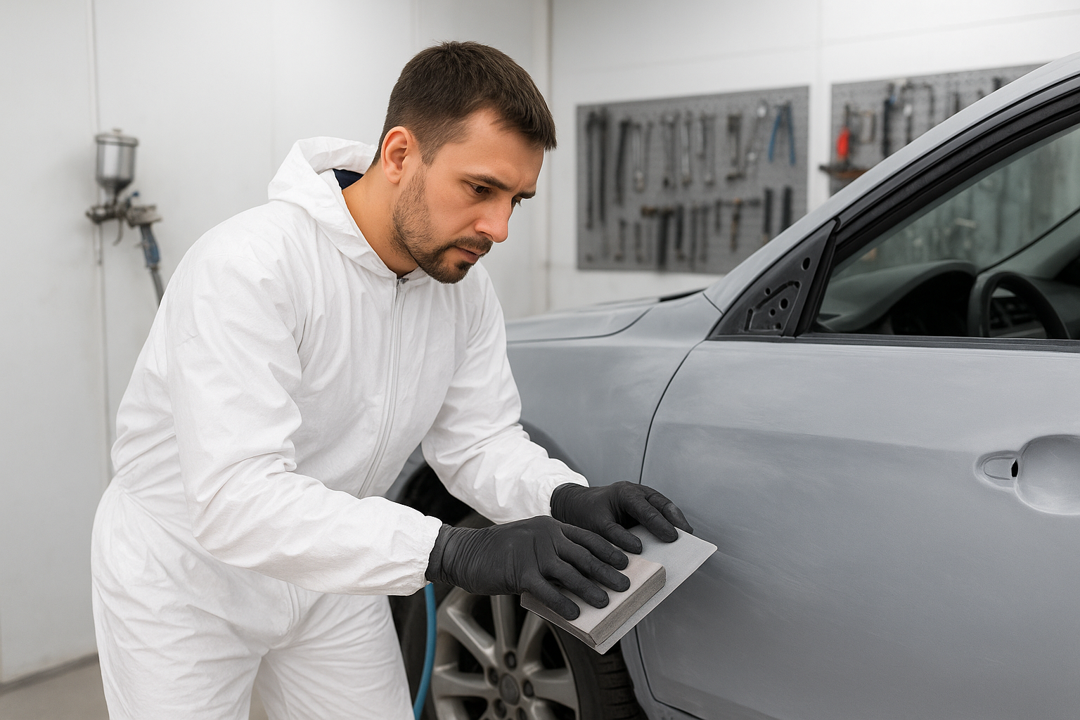 Auto body technician sanding a car panel as part of complete auto body and paint restoration