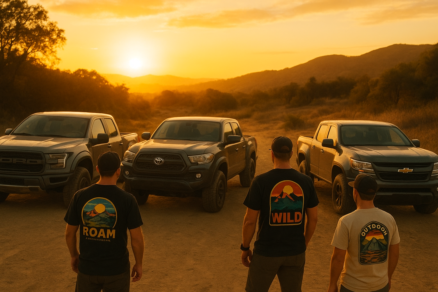 Off-road truck crew wearing bold custom truck apparel at a trailhead