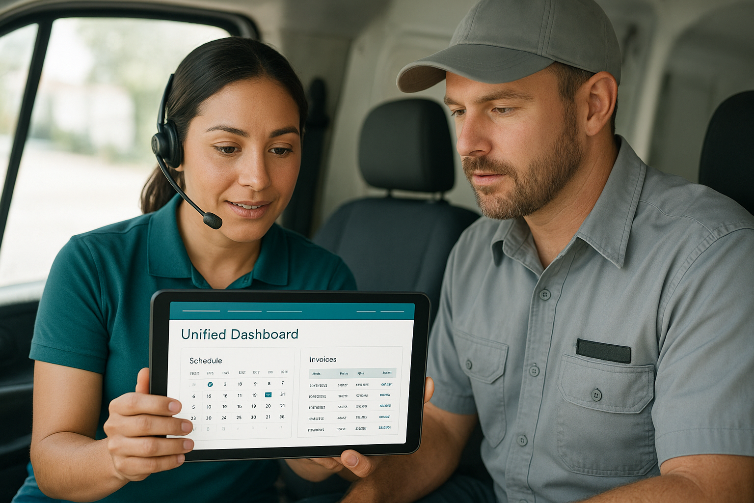 Dispatcher and technician reviewing one consolidated platform instead of separate contractor apps